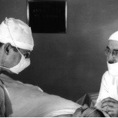 Walter Freeman (right) performing a lobotomy with his surgical partner James Watts